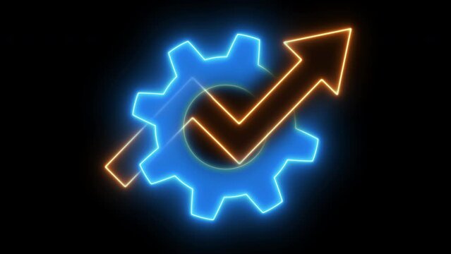Neon cogwheel with up arrow. Concept for growth and success business. Able use graphic isolated on transparent background.