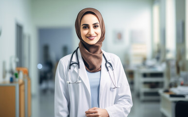Smiling confident muslim female nurse. Portrait of a muslim female doctor. Friendly middle eastern healthcare worker. 