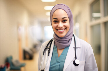 Smiling confident muslim female nurse. Portrait of a muslim female doctor. Friendly middle eastern healthcare worker.  - obrazy, fototapety, plakaty