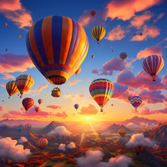 Cluster of hot air balloons drifting against a pastel-colored sunset sky