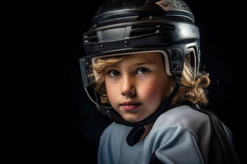Portrait of a boy dressed as a hockey player on a black background.