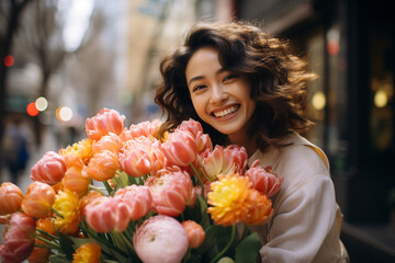 Smiling woman with bouquets of tulips