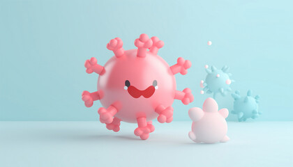 Cute happy 3D Illustration of Virus Structure Diagram pastel background. Flue, Corona Virus SARS-CoV-2, nCoV virus sheme. Full text description with sliced model and RNA on dark background. Omicron