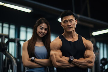 Fototapeta na wymiar Portrait of asian couple flexing their muscles, working out in gym, health and wellness