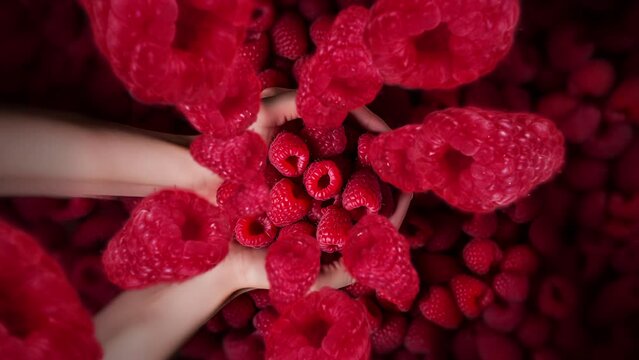 Raspberries spiraling and falling into person's hand full of red berry fruit slow motion