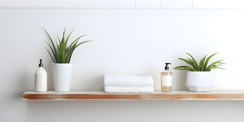 Bathroom accessories on a shelf in front of a white wall with copy space