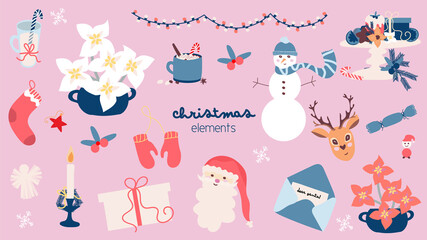 Christmas elements, snowman, santa claus and reindeer