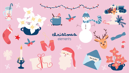 Christmas elements, snowman, santa claus and reindeer