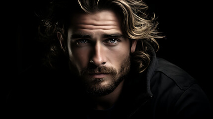 Portrait of a handsome young man with long blond hair and beard.