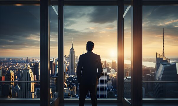 Business Person Looking Out Window In A Skyscaprer.