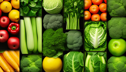 Collage of healthy green vegetables and fruits, directly above. Healthy eating and dieting concept.