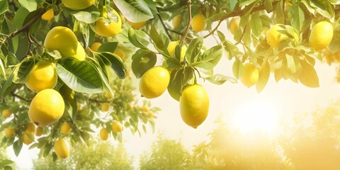close up of Sunlit Orchard with Trees Full of lemons, banner, copy space