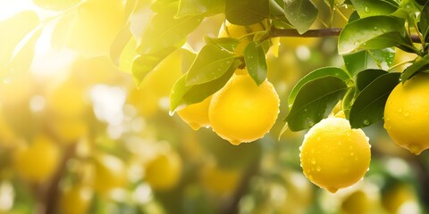 close up of Sunlit Orchard with Trees Full of lemons, banner, copy space