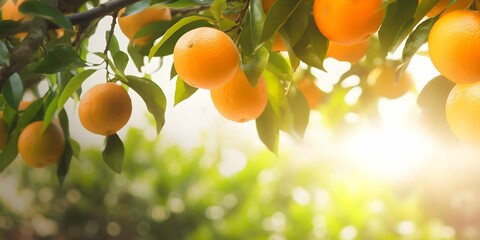 close up of Sunlit Orchard with Trees Full of oranges, banner, copy space
