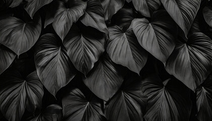 Textures of abstract flat lay black leaves,tropical leaf background.dark nature concept, tropical leafs.Black and white.High quality image.