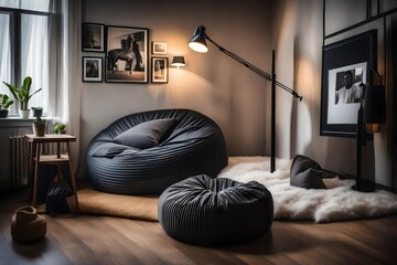 A cozy corner with a bean bag chair, a floor lamp, and a wall adorned with framed black and white photographs