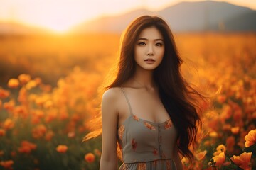 Portrait of a beautiful asian girl in poppy field at sunset