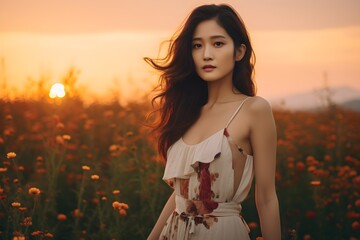 Portrait of a beautiful asian woman in poppy field with sunset