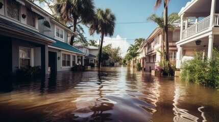 Flooded houses by hurricane rainfall in Florida residential area. Consequences of natural disaster - obrazy, fototapety, plakaty