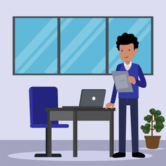 Immerse your audience in scene of productivity with detailed illustration featuring a man standing near desk, actively engaged with a laptop. Ideal for workplace visuals, remote work campaigns.