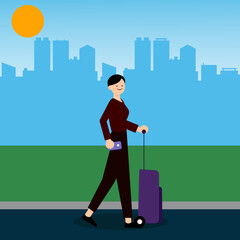 Embark on an adventure with this captivating illustration featuring a boy walking confidently, suitcase in hand. Meticulously crafted, this artwork captures the spirit of a journey about to unfold. 