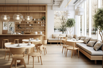 Fototapeta premium Interior design of cafe with wooden vintage style, decorated with warm and cozy tones, relaxing tones with classic old wood round corner counter and coffee machinery.