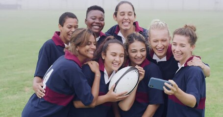 Women, sports and outdoor for team selfie, diversity and happy for rugby, peace sign and training at club. Girl group, tongue out and photography for hug, exercise and post on social network on pitch - Powered by Adobe