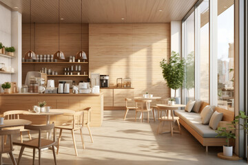 Interior design of cafe with wooden vintage style, decorated with warm and cozy tones, relaxing...
