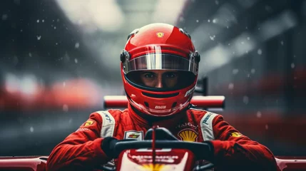 Fototapete F1 Formula One racing driver before the start of competition on track. Banner with copy space