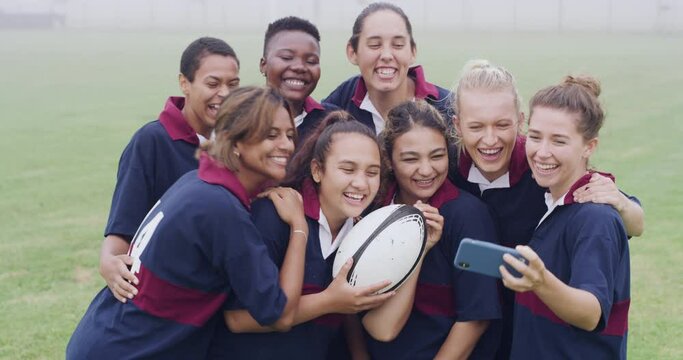 Women, sports and outdoor for team selfie, diversity and happy for rugby, peace sign and training at club. Girl group, tongue out and photography for hug, exercise and post on social network on pitch