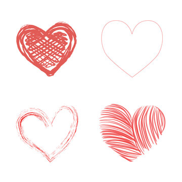 Set of 4 hand drawn heart. Hand drawn hearts isolated on white background. Vector illustration for your graphic design. Set icons and illustrations for valentines and wedding.