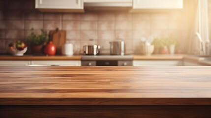Fototapeta premium Empty wooden table with kitchen in background, copy space