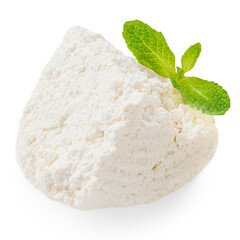 Cottage cheese isolated on white background closeup. Fresh grainy cottage cheese or feta with mint leaf close up
