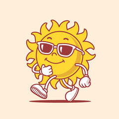 Retro styled vintage sun character mascot with sunglasses funny vector illustration
