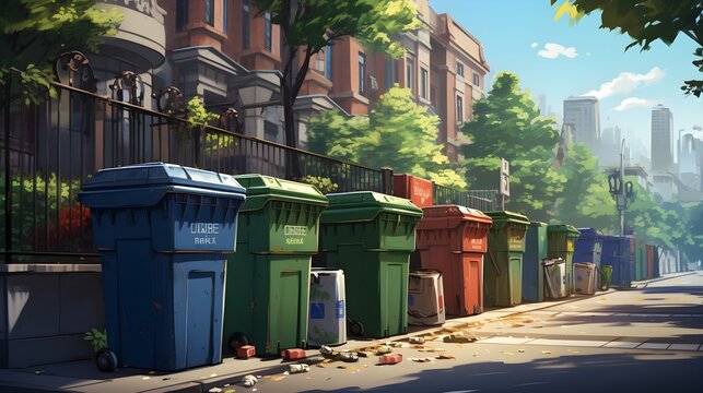 garbage containers standing on city streets.