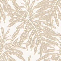 Floral seamless pattern, beige split-leaf Philodendron monstera plant  background, line art ink drawing.