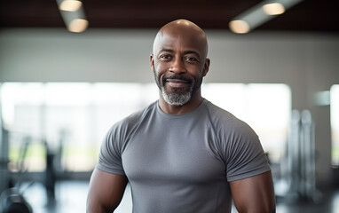 Portrait Of Handsome Muscular Man Posing In Gym. Fitness Trainer Standing In Modern Sport Club Interior. Gym, fitness and portrait of proud man, motivation, health and energy for training. - obrazy, fototapety, plakaty