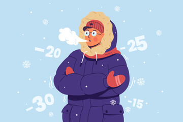 A young man in warm clothes, a hat and gloves is freezing and shivering from the cold. Freezing guy blows steam from his mouth. Cold weather. Vector illustration in cartoon style. - obrazy, fototapety, plakaty