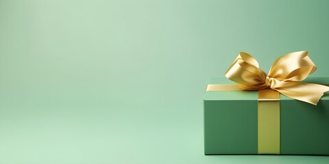green gift box with gold ribbon bow isolated on green pastel color background with emtpy copy space - obrazy, fototapety, plakaty