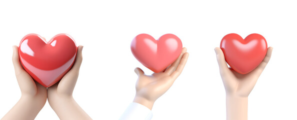 Love, Family Health Care, and Valentine Romance Concept: 3D Cartoon Render of a Set of Hands Holding a Red Heart, Isolated on Transparent Background, PNG - obrazy, fototapety, plakaty