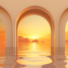 3d render abstract minimal seascape with corner arch