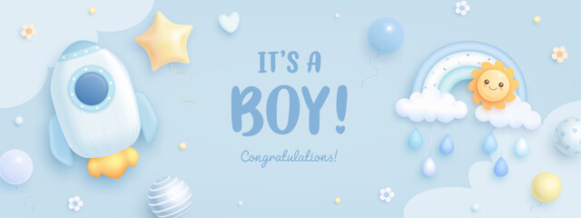 Baby shower horizontal banner, invitation or greeting card with cartoon rocket, rainbow, sun and helium balloons. It's a boy. Vector illustration