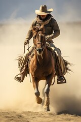 Fototapeta premium A man riding a horse wearing a cowboy hat in the dust of the prairie. Male horse rider vertical photo.