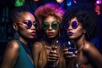 three young black women partying in a nightclub - obrazy, fototapety, plakaty