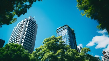 low view photo of city tower skyline with green trees and blue sky - obrazy, fototapety, plakaty