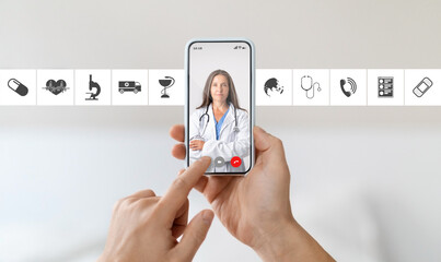 Unrecognizable Man Video Conferencing With Female Doctor On Smartphone, Getting Medical Consultation