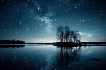 a starry night sky over a calm lake, reflecting the Milky Way and stars, with a silhouette of trees on the horizon, ai generative - obrazy, fototapety, plakaty