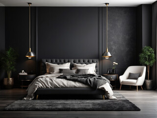 Luxurious-large-bedroom-with-black-dark-gray-walls-and-a-bed.-Deep-rich-colors-grey,-graphite-and-white.-Blank-mockup-background-design-room.-Empty-space-for-art
