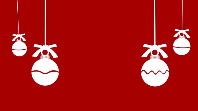 Animated Paper Cut Style Hanging Decorative Balls Banner Template on Red Background. Silhouette white color decorative Christmas balls set with Ribbon Bows. New Year and holiday creative decorations.