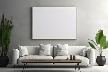 Mockup poster frame on the wall of living room. Luxurious apartment background with contemporary design